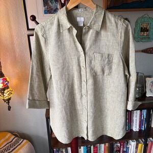 Chico's 100% Linen Olive Green Button Up Blouse Relaxed Minimalist Top